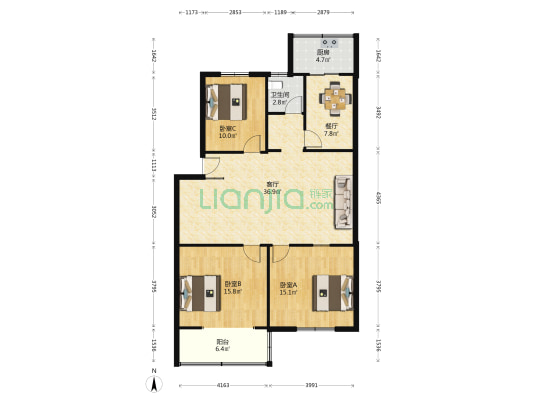 黄山大道 3室2厅1卫 119平方