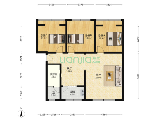 莲花苑南区 3室2厅1卫 119平方