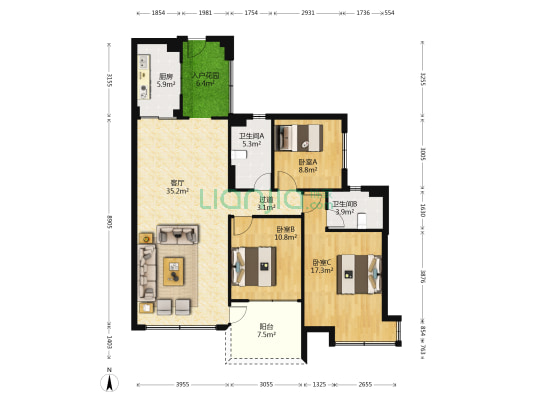 海逸锦绣蓝湾 3室1厅2卫 128平方