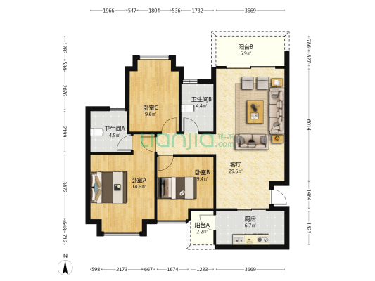 恒大文化旅游城3组团 3室1厅2卫 116平方