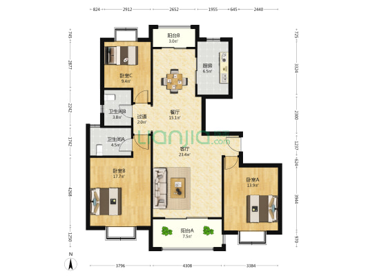 世博名邸 3室2厅2卫 135平方