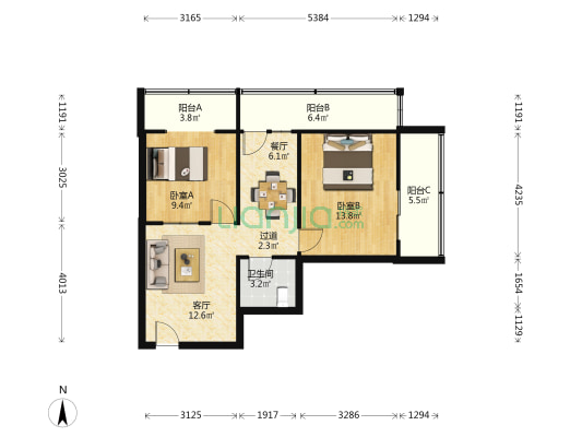发电厂宿舍 2室2厅1卫 66平方