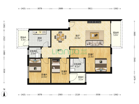 坦南小区 3室1厅2卫 110平方