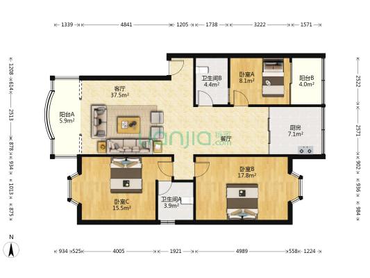 万华路159号 3室1厅2卫 130平方