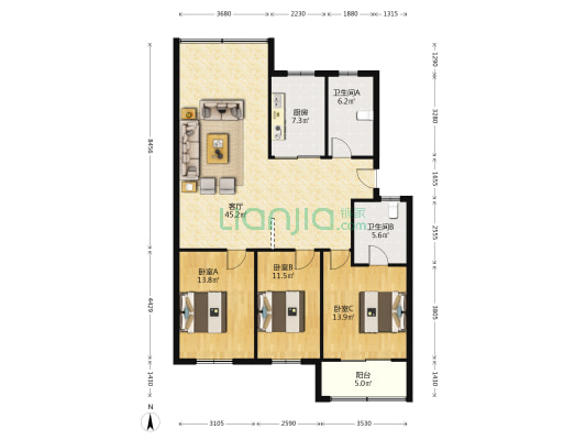 三清山大道48号 3室1厅2卫 131平方
