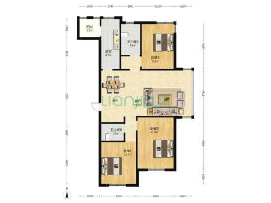 裕丰景苑二期 3室1厅2卫 145平方