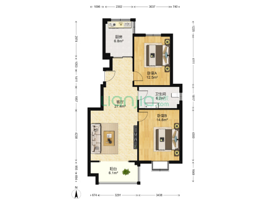 叶语田园 2室1厅1卫 96平方