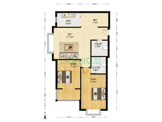 中实新天地 2室2厅2卫 120平方