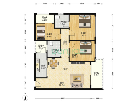 云玺锦庭 3室1厅2卫 118平方