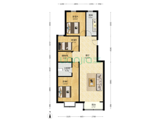 毛坯三居任意装，房本满二，全天采光-户型图