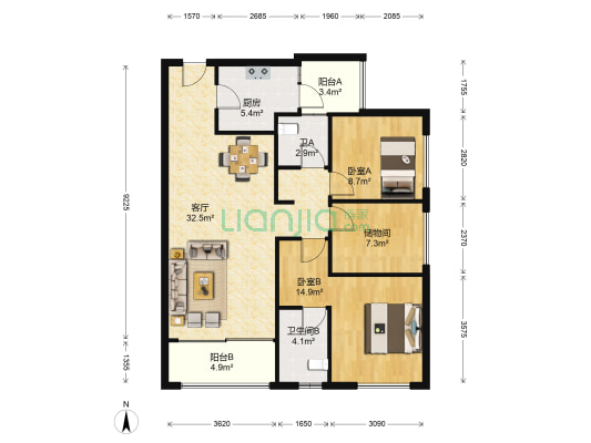 万科大都会花样 2室1厅2卫 107平方