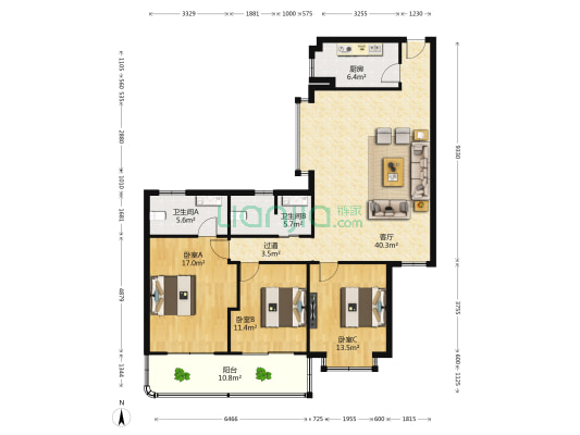 人行公寓（人行宿舍） 3室1厅2卫 147平方
