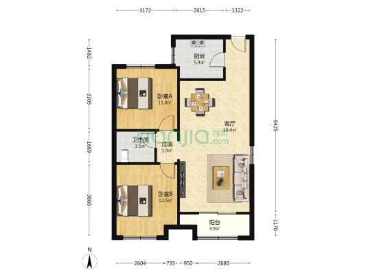 明湖之光 2室1厅1卫 98平方