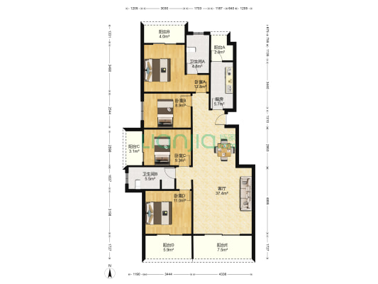 唐人街相府花园 4室1厅2卫 141平方