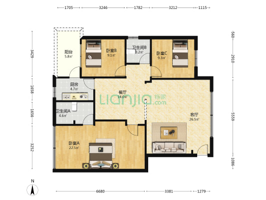 同济住宅区 3室2厅2卫 106平方