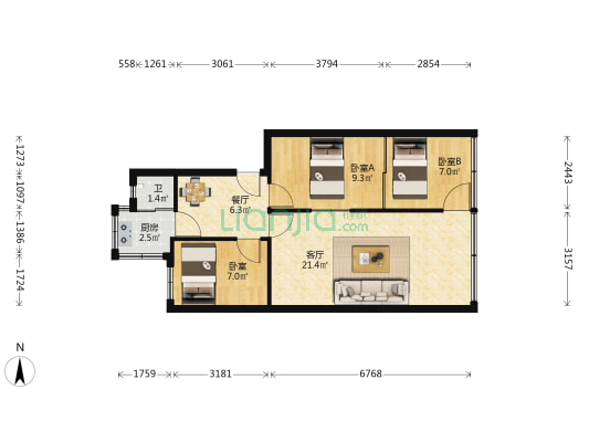 贵山街2号院 3室2厅1卫 69平方