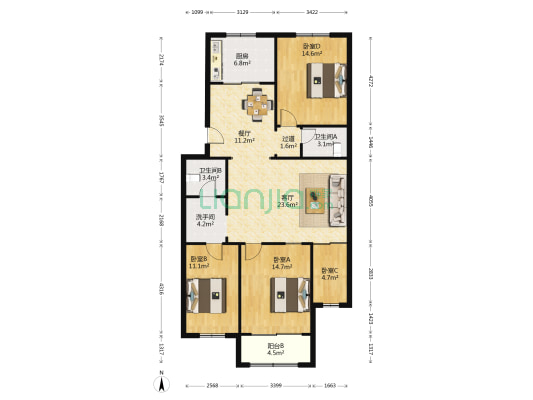 天成阳光小区 4室2厅3卫 128平方