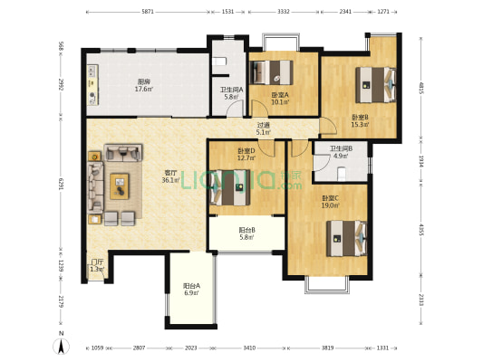 中国铝业住宅区 4室1厅2卫 166平方