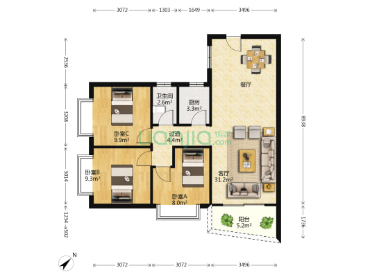 南湖生活区 3室1厅1卫 87平方