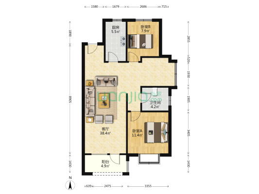 大社区，户型较好，全南，三居，一梯两户，公摊面积小-户型图