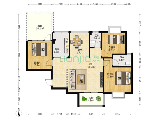 大商汇国际住区 3室2厅2卫 86平方