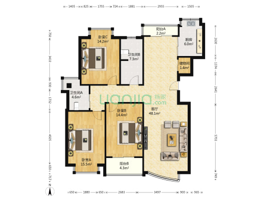 乐多花园 3室1厅2卫 140平方
