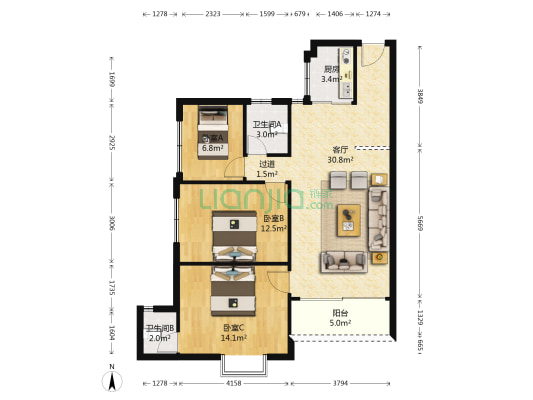 锦绣北苑 3室1厅2卫 90平方