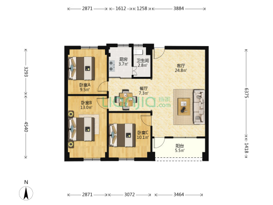 旺城北路 3室2厅1卫 87平方