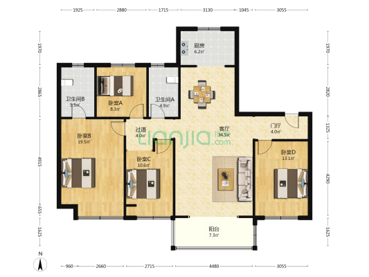 昆仑御五区 4室1厅2卫 166平方