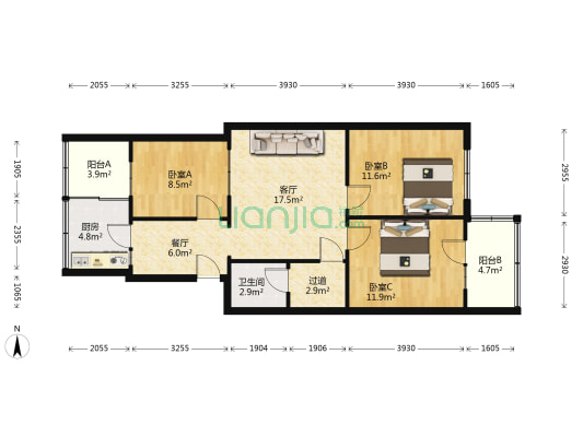 煤管局宿舍 3室2厅1卫 94平方