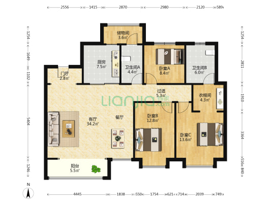 静湖壹号 3室1厅2卫 135平方