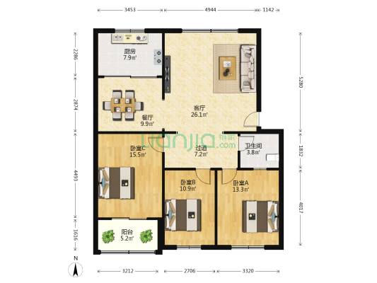 东名小区 3室2厅1卫 120平方