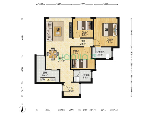 汇厦沙河锦庭二期 3室1厅2卫 89平方