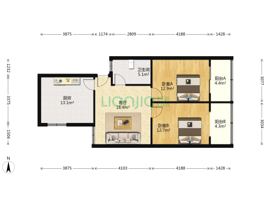 西中和路74号院 2室1厅1卫 88平方