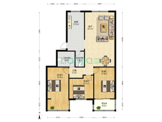 丛台路甲33号院 3室1厅2卫 135平方