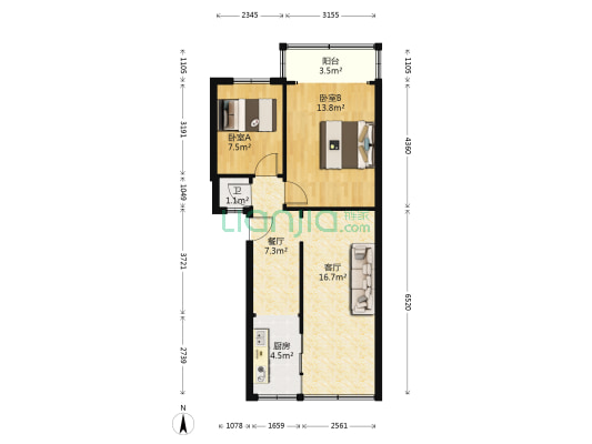 昆明牛街庄住宅小区一组团 2室2厅1卫 57平方