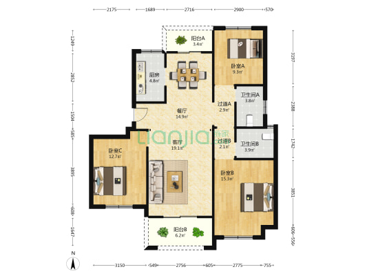 康和家园 3室2厅2卫 123平方