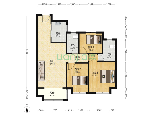 大发融悦东方 3室1厅2卫 108平方