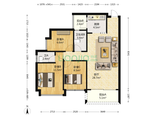 华阳嘉苑 3室1厅2卫 90平方
