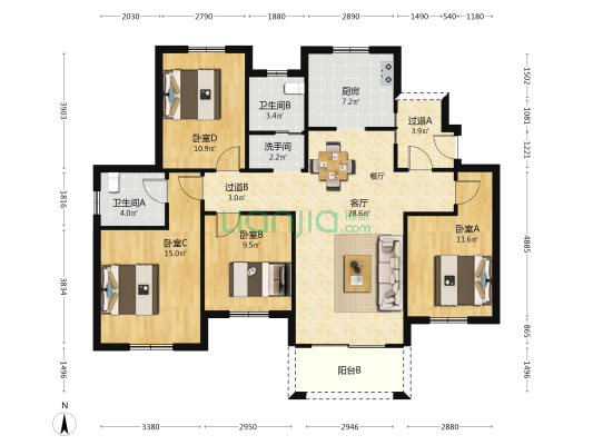 福瑞花园C区 4室1厅3卫 125平方
