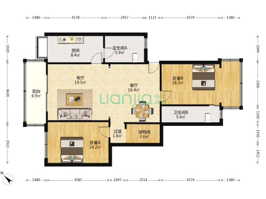 京汉大道844/846/848号 2室2厅2卫 114平方
