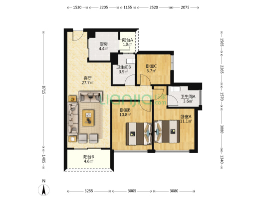 龙光玖龙山 3室1厅2卫 90平方