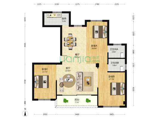 鸿翔百盛东望金邸 3室2厅2卫 136平方