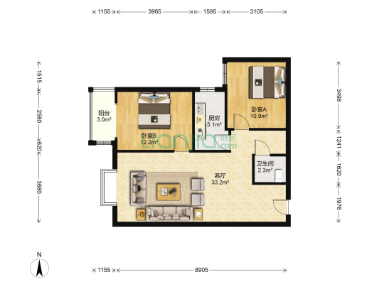 公园壹号全南两居精装自住标准好楼层，配套齐全。-户型图