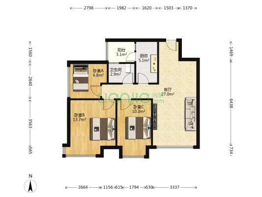 普得先锋国际 3室1厅1卫 79平方