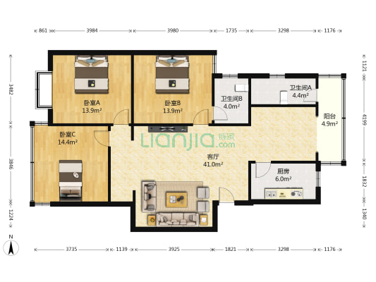 颖州北路389号 3室1厅2卫 120平方