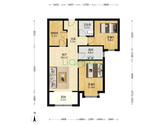 合生长安帝景 2室1厅1卫 90平方