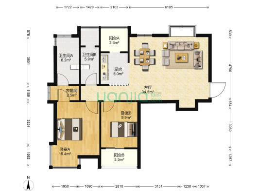 裕元新天地广场 2室1厅2卫 113平方
