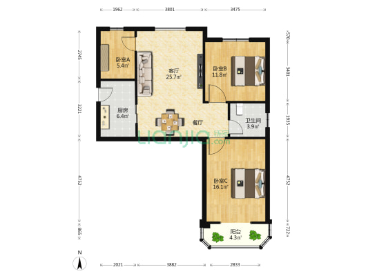 金都综合楼 3室1厅1卫 87平方