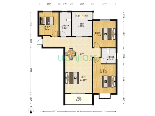 粤港臻园 3室1厅2卫 133平方